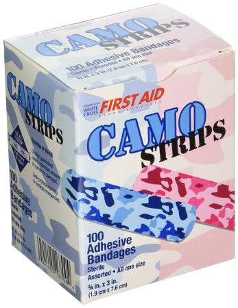 Adhesive Strip American® White Cross Stat Strip® 3/4 X 3 Inch Plastic Rectangle Kid Design (Blue / Pink Camo) Sterile