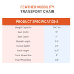 Transport Chair Feather Transport w / Brakes Aluminum Frame 300 lbs. Weight Capacity Fixed Height Arm Black / Orange