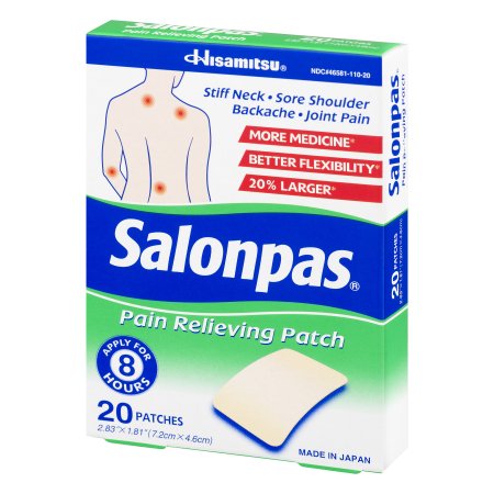 Topical Pain Relief Salonpas® 3.1% - 6% - 10% Strength Camphor / Menthol / Methyl Salicylate Patch 20 per Box