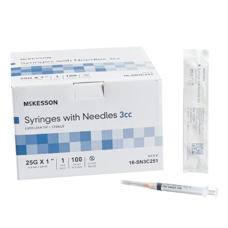 Standard Hypodermic Syringe with Needle McKesson 3 mL 1 Inch 25 Gauge NonSafety Thin Wall