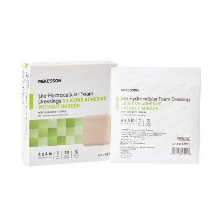 Thin Foam Dressing McKesson Lite 4 X 4 Inch Without Border Film Backing Silicone Gel Adhesive Square Sterile