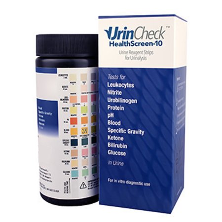 Urinalysis Test Kit UrinCheck™ HealthScreen-10 Bilirubin, Blood, Glucose, Ketone, Leukocytes, Nitrite, pH, Protein, Specific Gravity, Urobilinogen 100 Tests CLIA Waived