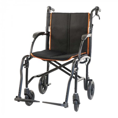 Transport Chair Feather Transport w / Brakes Aluminum Frame 300 lbs. Weight Capacity Fixed Height Arm Black / Orange