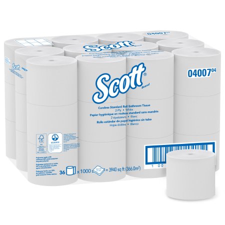 Toilet Tissue Scott® Essential White 2-Ply Standard Size Coreless Roll 1000 Sheets 3-9/10 X 4 Inch