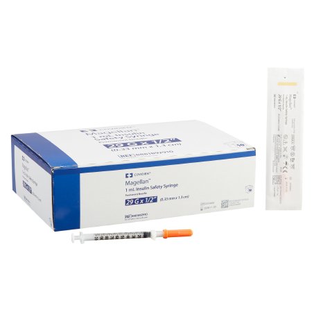 Safety Insulin Syringe with Needle Magellan™ 1 mL 1/2 Inch 29 Gauge Sliding Safety Needle Regular Wall