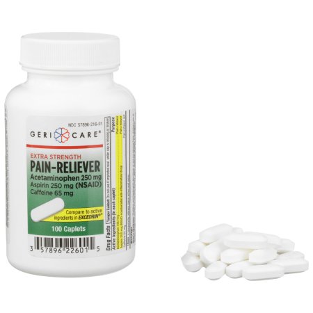 Pain Relief McKesson Brand 250 mg - 250 mg - 65 mg Strength Acetaminophen / Aspirin / Caffeine Caplet 100 per Bottle